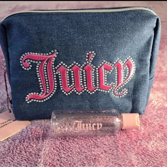 Juicy Couture Denim Blue Cosmetic Bag with Pink Accents - Picture 2 of 6